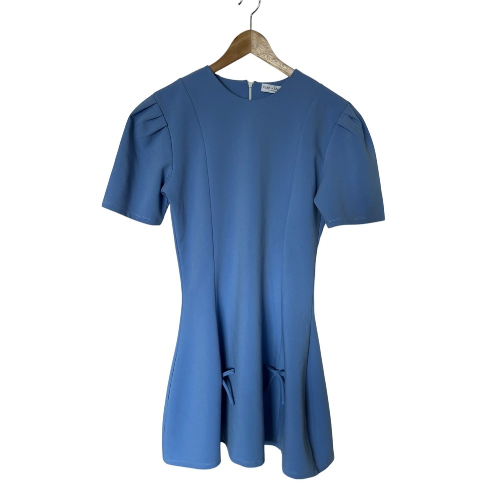 Koko + Mason Mini Dress Womens Blue Good Pleated Shoulder Bow Detail Fit Flare